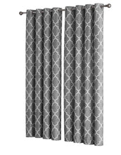 Kate Aurora 2 Piece 100% Full Blackout Trellis Grommet Top Window Curtain Panels - 52 in. W x 96 in. L, Gray