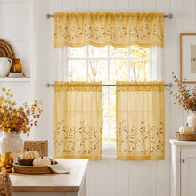 Kate Aurora Shabby Sheer Embroidered Complete 3 Piece Floral Rod Pocket Cafe Kitchen Curtain Tier & Valance Set - Golden Yell