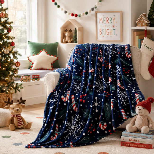 Kate Aurora Holiday Living Christmas Candy Canes & Snowflakes Navy Accent Throw Blanket - 50 in. W x 60 in. L