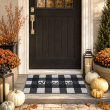 Kate Aurora All Season Black & White Plaid Country Farmhouse Coir Bristled Outdoor All Season Welcome Mat - 18"x30"