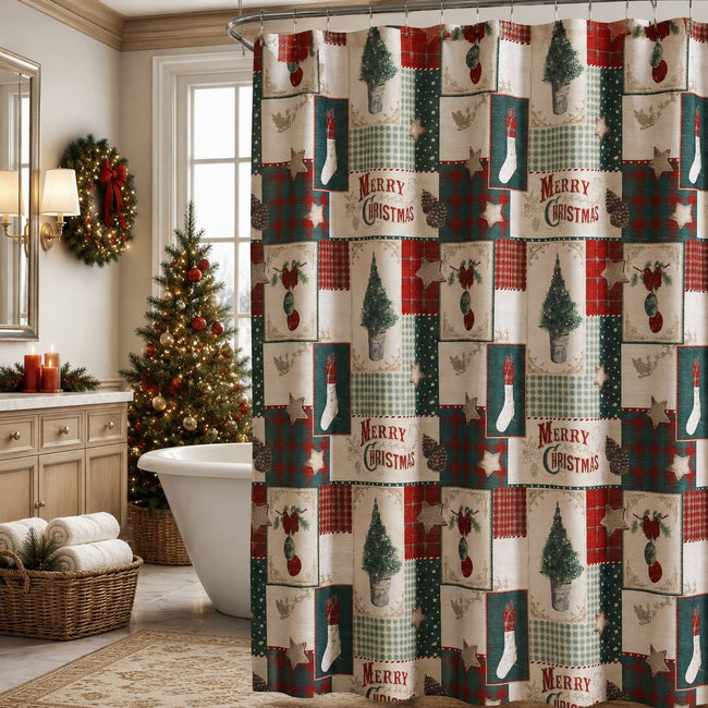 Kate Aurora Merry Christmas Evergreens & Ornaments Plaid Farmhouse Fabric Shower Curtain