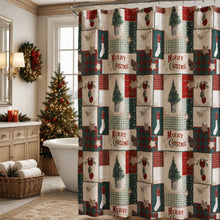 Kate Aurora Merry Christmas Evergreens & Ornaments Plaid Farmhouse Fabric Shower Curtain