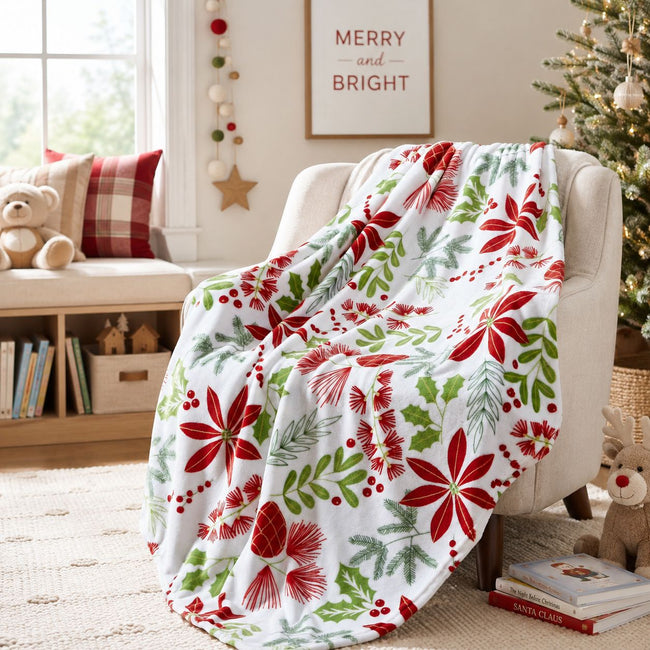 Kate Aurora Holiday Living Christmas Floral Poinsettia & Ferns Ultra Soft & Plush Throw Blanket