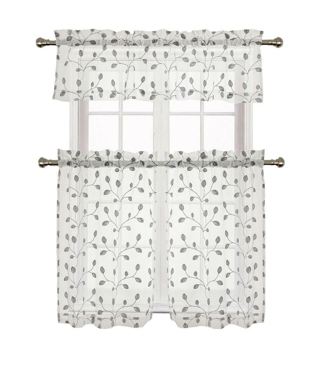 GoodGram Adler Metallic Embroidered Leaves 3 Piece Sheer Kitchen Curtain Set - 58 in. W x 36 in. L, Silver
