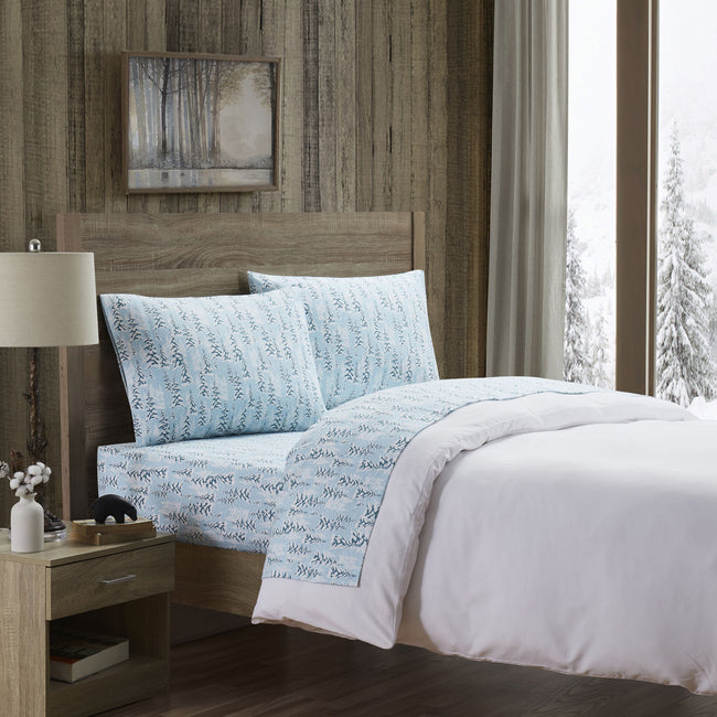 Kate Aurora Holiday Essentials Cozy Bed Collection Deep Pocket 100% Cotton Flannel Winter Blue Snowy Christmas Trees 4 Piece 