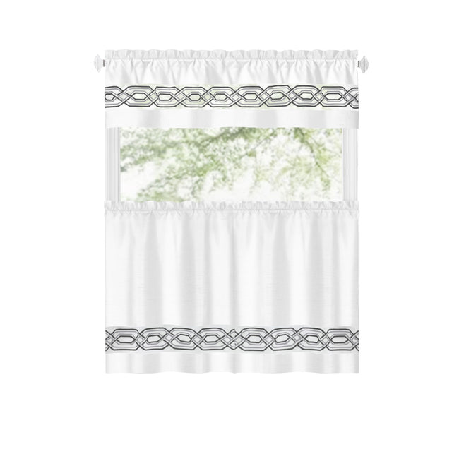Kate Aurora Pacifico Complete 3 Piece Rod Pocket Embroidered Tier & Valance Kitchen Curtain Set - 24 in. Long - White