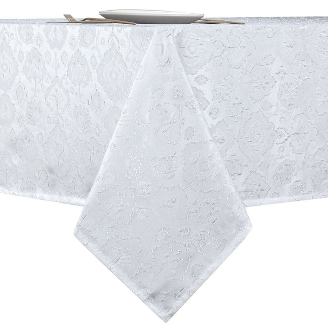 Kate Aurora Regency Collection Raised Jacquard Damask Fabric Tablecloth - 54 in. W x 84 in. L (6-8 Chairs), White