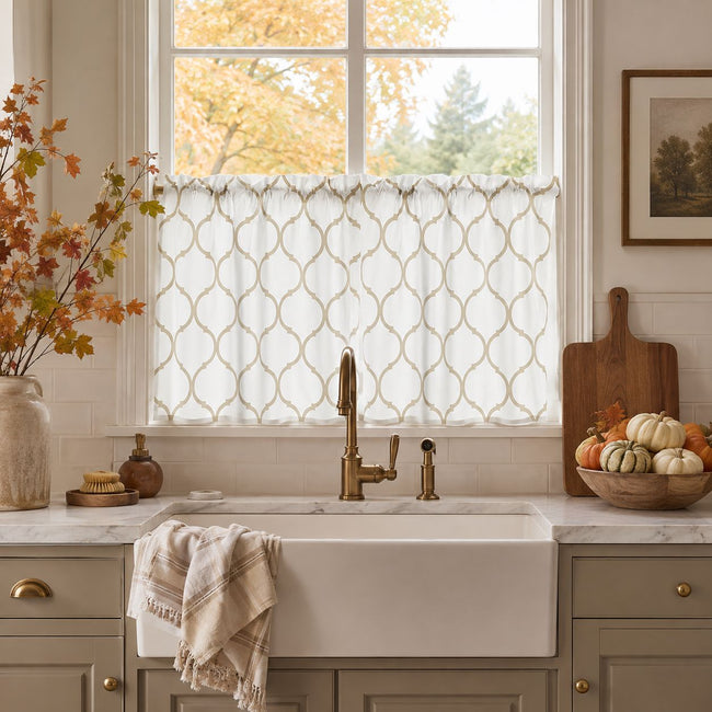 Kate Aurora Set of 2 Linen Colored Trellis Rod Pocket Kitchen Curtain Tiers - 36 in. Long