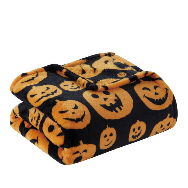 Kate Aurora Autumn Living Halloween Jack-O'-Lantern Pumpkins Orange & Black Ultra Plush Throw Blanket
