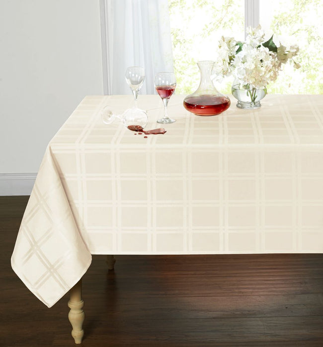Kate Aurora Plaid & Tartan Stain Resistant & Spill-Proof Fabric Tablecloth - 6-8 Chairs, Beige