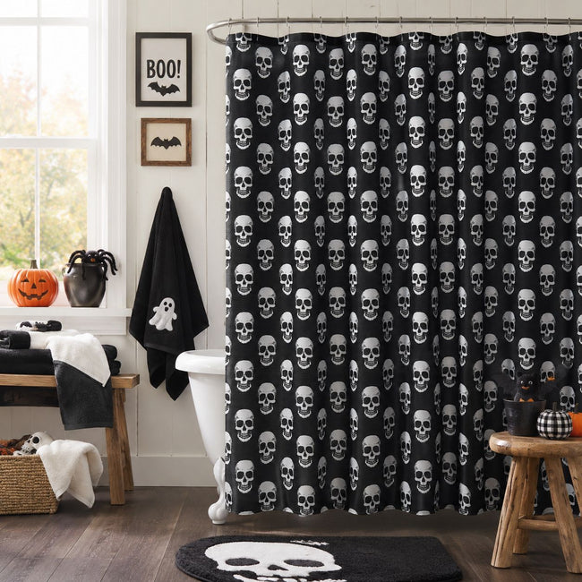 Kate Aurora Halloween Accents Black & White Friendly Skulls Fabric Shower Curtain - Standard Size