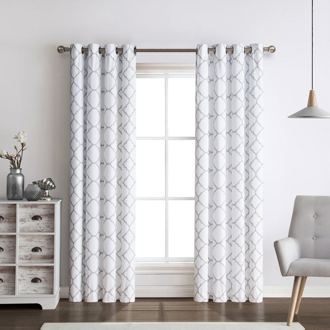 Kate Aurora 2 Piece Thermal Lined Gray & White Trellis Grommet Light Reducing Curtains - 52 in. W x 84 in. L