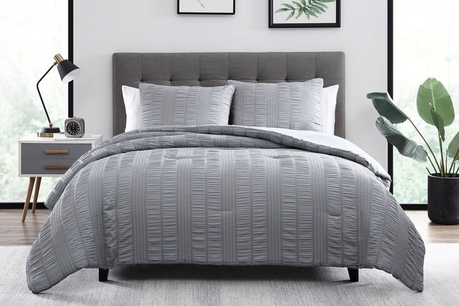 Kate Aurora Modern Accents Jodi Ruffled Embossed 3 Piece Comforter & Pillow Shams Set  , Gray - Queen