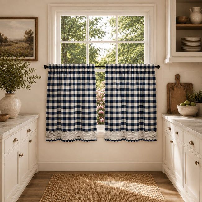 Kate Aurora 2 Piece Country Farmhouse Buffalo Plaid Rod Pocket Cafe Tier Curtain Panels With Macrame Border - 36 in. Long - N