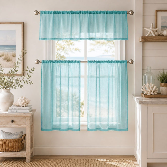 Kate Aurora Brandi Complete 3 Piece Rod Pocket Sheer Cafe Kitchen Curtain Tier & Valance Set - Aqua