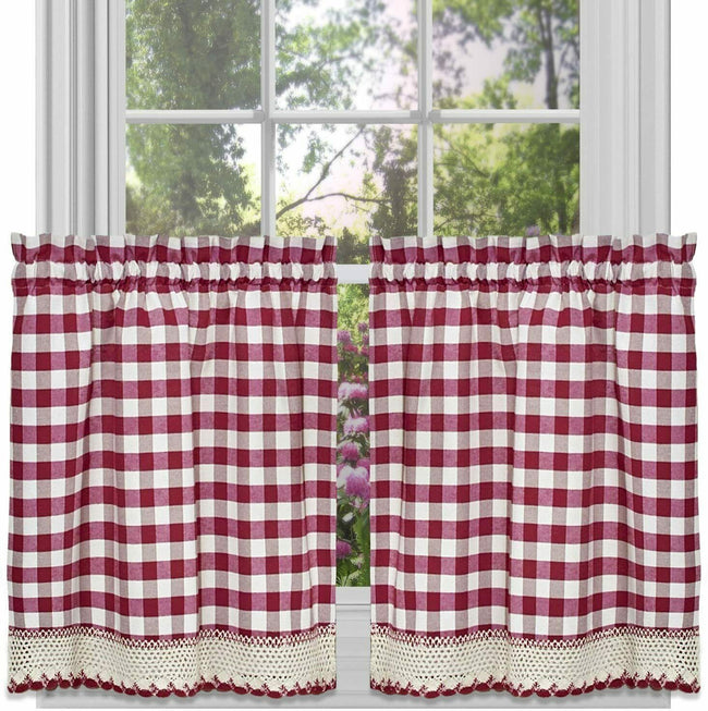 GoodGram Buffalo Check Gingham Custom Window Curtain Treatments - Tiers 29 in. W x 36 in. L, Burgundy