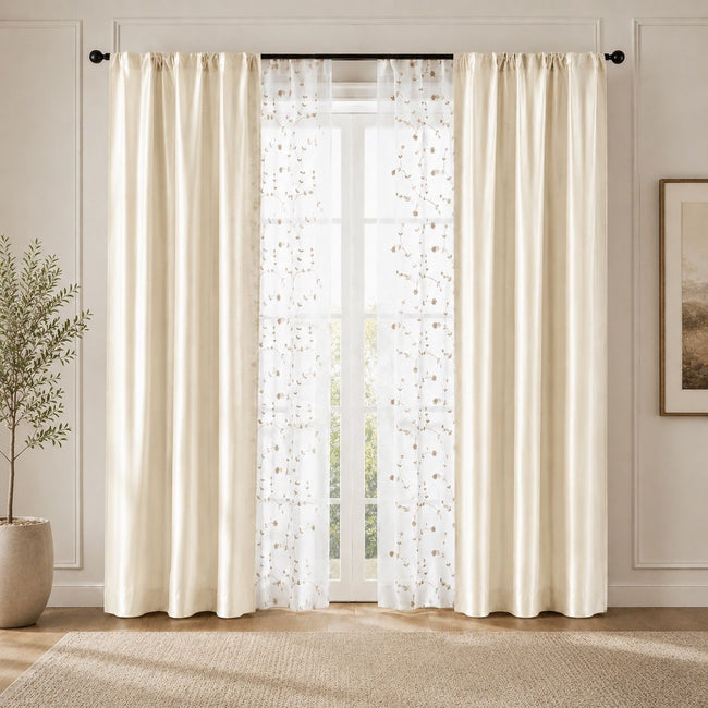 Kate Aurora Jasmine Embroidered 6 Piece Rod Pocket Coordinating Sheer Window Curtain Panels - Champagne