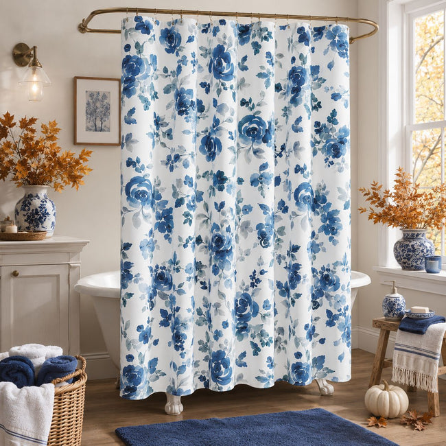 Kate Aurora Shabby Chic Watercolor Floral Garden Fabric Shower Curtain - Blue