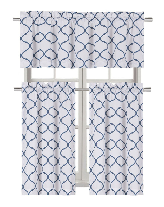 Kate Aurora Living Shabby Trellis 3 Piece Café Kitchen Curtain Tier And Valance Set - 56 in. W x 36 in. L, Navy