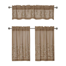Kate Aurora Shabby Sheer Embroidered Complete 3 Piece Floral Rod Pocket Cafe Kitchen Curtain Tier & Valance Set - Taupe/Linen