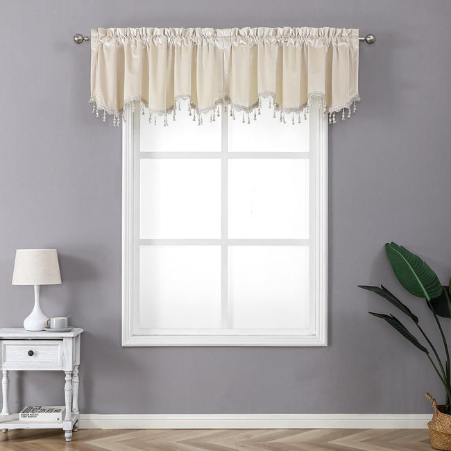 Kate Aurora Royal Living 2 Pack Beaded Tassel Trimmed Rod Pocket Velvet Window Valances - Beige