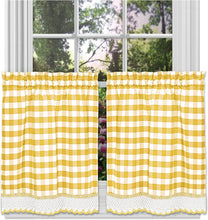 Kate Aurora 2 Piece Country Farmhouse Buffalo Plaid Rod Pocket Cafe Tier Curtain Panels With Macrame Border - 36 in. Long - Y