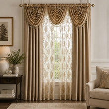 Kate Aurora 7 Piece Hampton Elegance Sheer Curtain Panels & Beaded Valances Set - Gold Gold