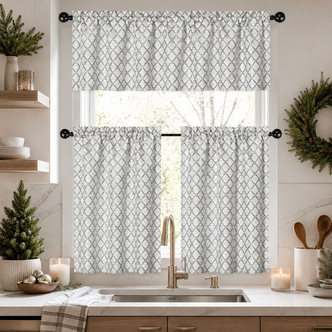 Kate Aurora White & Gray Moroccan Geometric Kitchen Curtain Tier & Valance Set