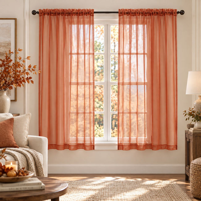 Kate Aurora 2 Piece Rod Pocket Autumn Spice Sheer Voile Window Curtains - 63 in. Long