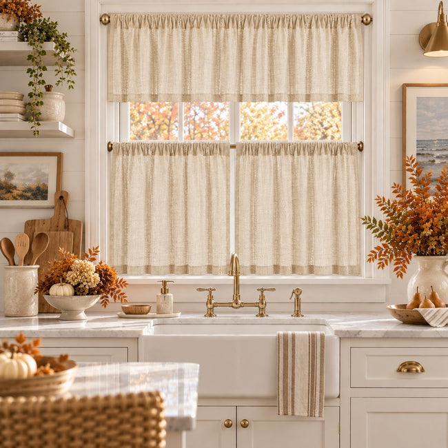 Kate Aurora Farmhouse Rustic Chic Complete 3 Piece Beige Cafe Kitchen Curtain Tier & Valance Set