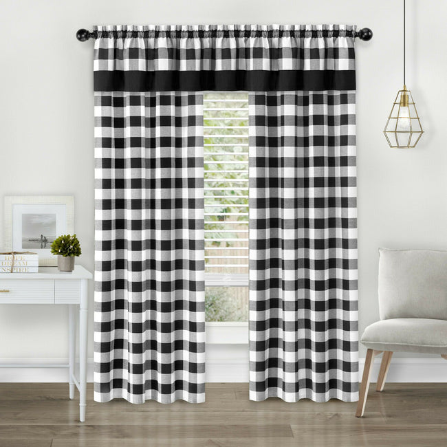Kate Aurora Modern Country Farmhouse 3 Piece Buffalo Check Plaid Window Curtains & Valance Set - 63 in - Black