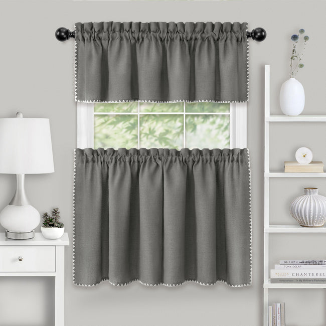 Kate Aurora Coastal Hamptons Living Complete 3 Piece Textured Kitchen Curtain Tier & Valance Set - 24 in. Long - Gray