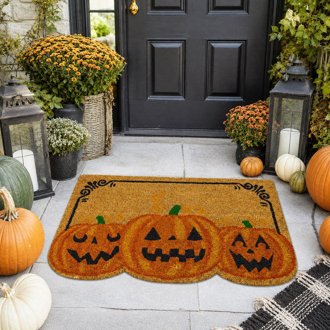 Kate Aurora Halloween Three Jacks Pumpkin Bristled Coir Outdoor Welcome Mat - 18"x30"