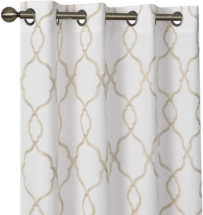 Kate Aurora 2 Pack Geo Trellis Double Layered Sheer Embroidered Grommet Curtains - 50 in. W x 95 in. L, Beige/Tan