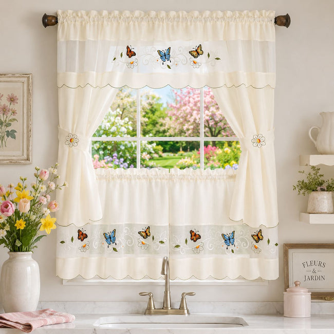Kate Aurora Embroidered Butterflies & Sunflowers Complete 3 Piece Kitchen Curtain Tier & Valance Set - 24 in. Long