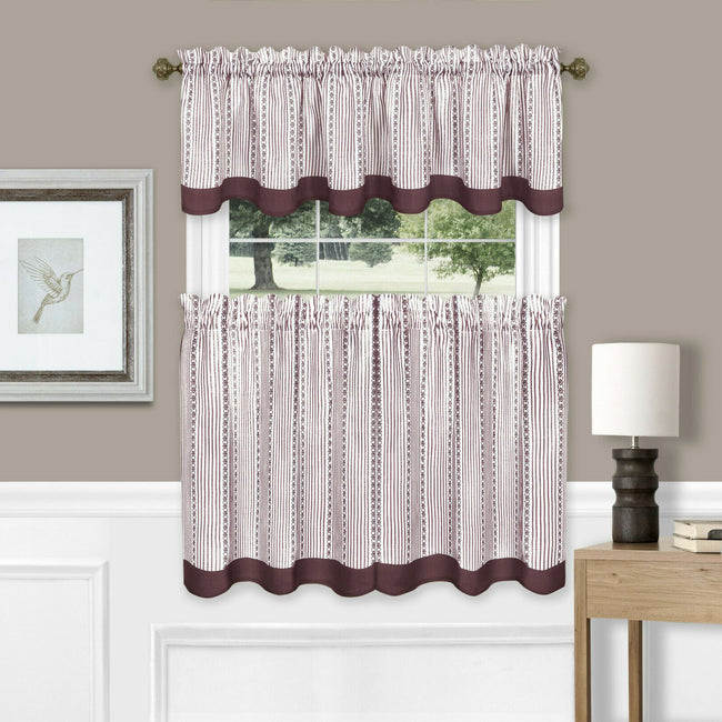 Kate Aurora Farmhouse Striped Rod Pocket Café Kitchen Curtain Tier & Valance Set - 58 in. W x 24 in. L, Burgundy