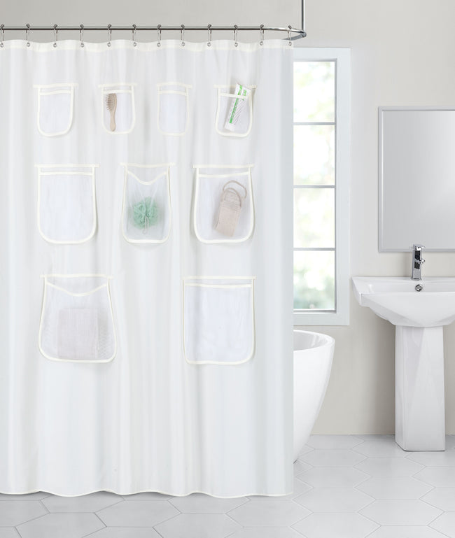 GoodGram Heavy Weight Fabric Shower Curtain Liners With Mesh Pockets - Standard Size