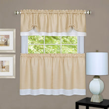 Kate Aurora Flax Styled Semi Sheer 3 Piece Tie-Up Kitchen Curtain Tier & Valance Set - 58 in. W x 24 in. L, Tan/White
