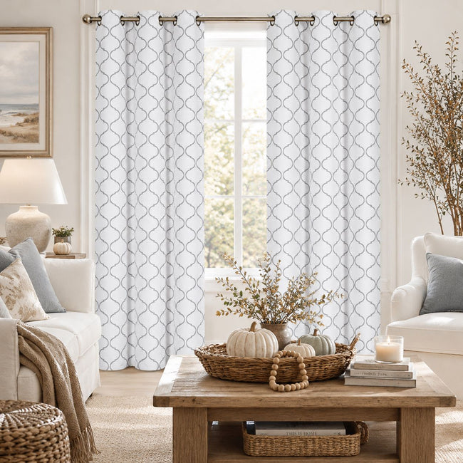 Kate Aurora Contemporary Living 2 Pack Gray And White Trellis Clover Window Curtains - 38 in. W x 84 in. L