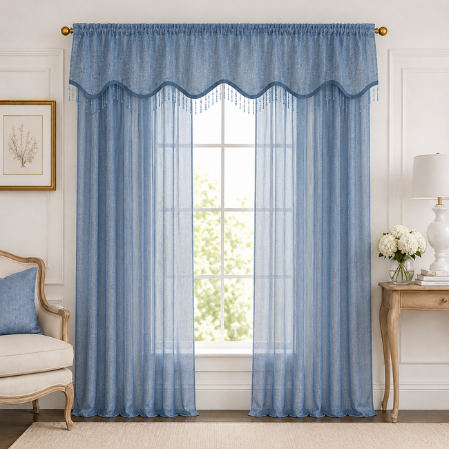 Kate Aurora Gina Complete 4 Piece Blue Metallic Sheer Window Curtains & Beaded Valances Set