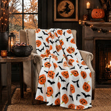Kate Aurora Halloween Pumpkins Bats Rustic Orange & White Ultra Soft & Plush Throw Blankets