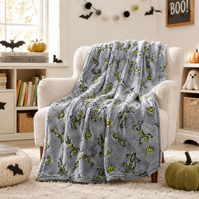 Kate Aurora Halloween Spooky Glow In The Dark Dancing Skeletons Soft & Plush Oversized Throw Blanket - Gray