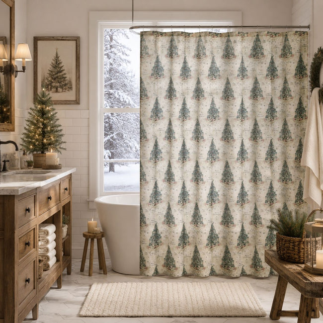 Kate Aurora Holiday Classic Merry Christmas Trees & Gifts Fabric Shower Curtain