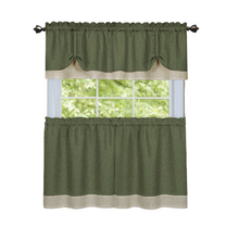 Kate Aurora Flax Styled Semi Sheer 3 Piece Tie-Up Kitchen Curtain Tier & Valance Set - 58 in. W x 24 in. L, Sage/Tan