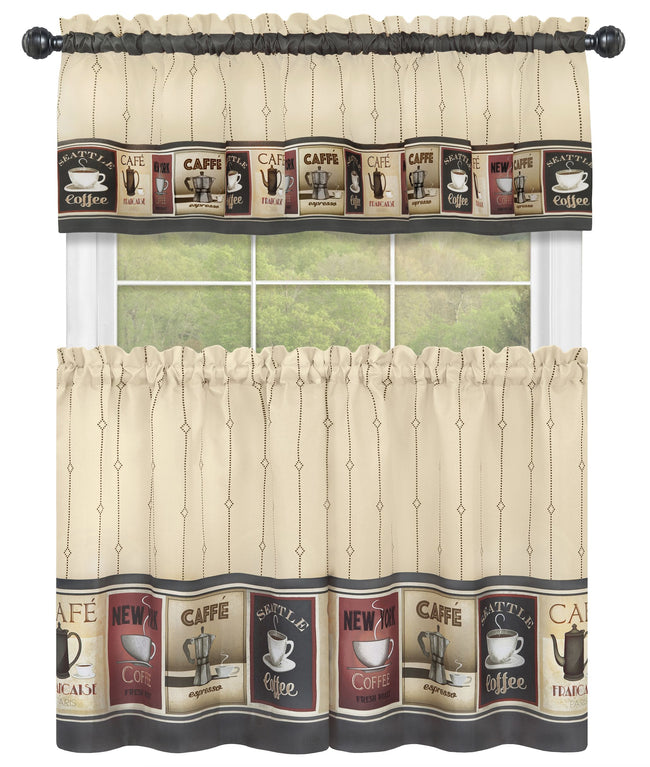 Kate Aurora Complete 3 Piece Seattle Coffee Shoppe Retro Cafe Rod Pocket Kitchen Curtain Tier & Valance Set - 24 in. Long