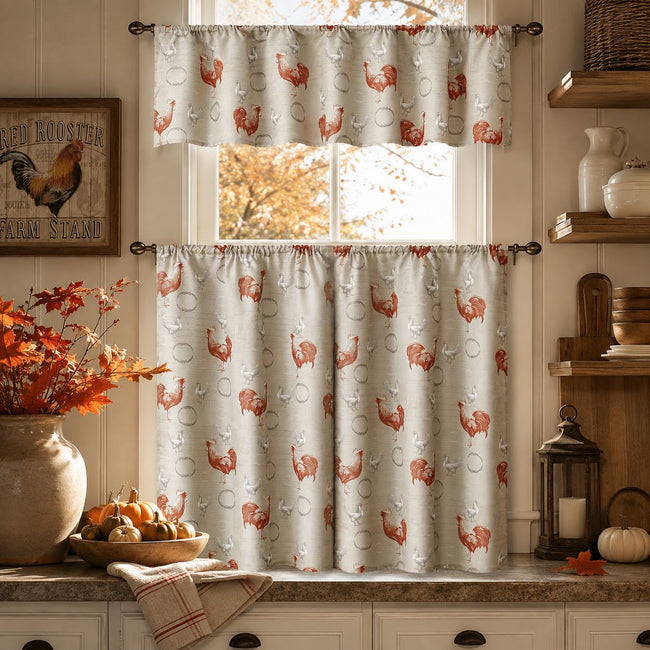 Kate Aurora Living Country Farmhouse Red Rooster Barn 3 Piece Kitchen Curtain Tier & Valance Set - 56 in. W x 15 in. L