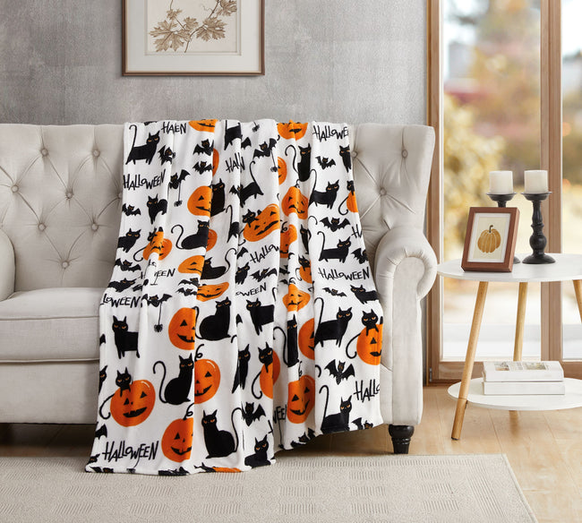 Kate Aurora Ultra Soft & Plush Oversized Halloween Spooky Cats, Bats & Jack O' Lanterns Accent Throw Blanket - 50 In. W X 70 