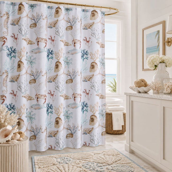 Kate Aurora Seaside Villa Mosaic Coastal Seahorses & Coral Fabric Shower Curtain
