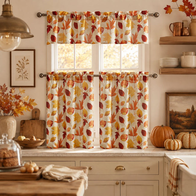 Kate Aurora Autumn Fall Harvest Scattered Leaves 3 Piece Rod Pocket Cafe Kitchen Curtain Tier & Valance Set
