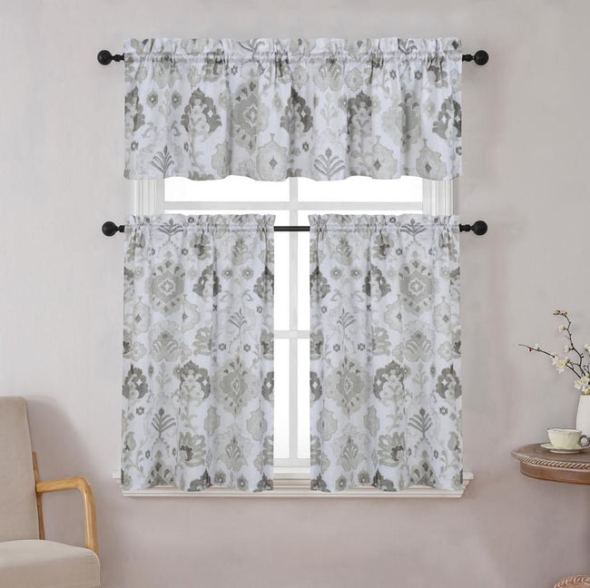 Kate Aurora Mystic Seaport Watercolor Rod Pocket Complete 3 Piece Cafe Kitchen Curtain Tier & Valance Set - Taupe